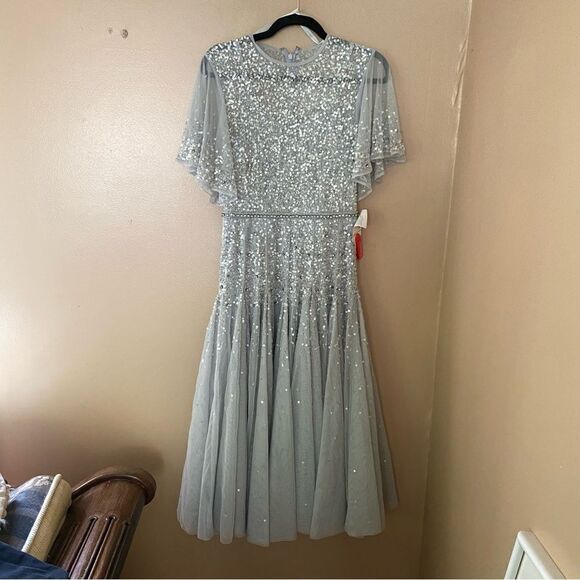 Mac Duggal #93655 Cape Sleeve Beaded Tea Length Dress blue Sz 4 NWT $598 - Picture 10 of 16